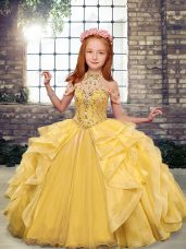 Ball Gowns Kids Pageant Dress Gold Scoop Organza Sleeveless Floor Length Lace Up