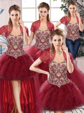 Burgundy Sleeveless Tulle Lace Up 15th Birthday Dress for Military Ball and Sweet 16 and Quinceanera