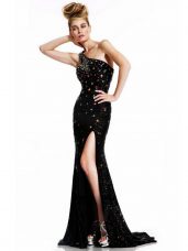 Ideal Black Prom Dress Brush Train Sleeveless Beading
