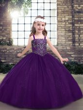 Cute Eggplant Purple Ball Gowns Tulle Straps Sleeveless Beading Floor Length Lace Up High School Pageant Dress