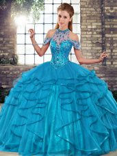 Blue Lace Up Halter Top Beading and Ruffles Vestidos de Quinceanera Tulle Sleeveless