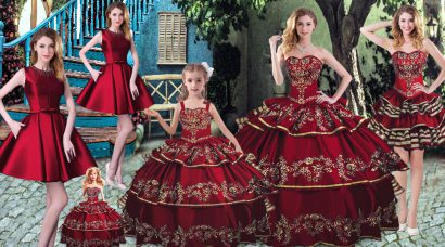 Comfortable Wine Red Sleeveless Embroidery and Ruffled Layers Floor Length Sweet 16 Dresses