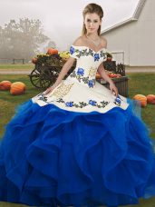 Custom Made Royal Blue Sleeveless Floor Length Embroidery and Ruffles Lace Up Sweet 16 Dresses