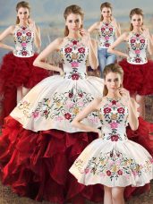 Chic Halter Top Sleeveless Lace Up Quince Ball Gowns White And Red Organza