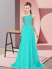 One Shoulder Sleeveless Chiffon Prom Dresses Beading Side Zipper