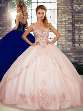 Pink Ball Gowns Beading and Embroidery Sweet 16 Dress Lace Up Tulle Sleeveless Floor Length