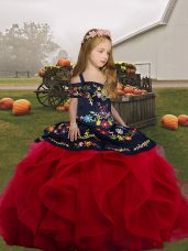 Latest Red Ball Gowns Straps Sleeveless Tulle Floor Length Lace Up Embroidery and Ruffles Little Girls Pageant Gowns