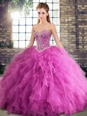 Sleeveless Lace Up Floor Length Beading and Ruffles Quinceanera Gown