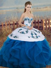 Dynamic Sleeveless Tulle Floor Length Lace Up Quinceanera Gowns in Blue And White with Embroidery and Ruffles and Bowknot