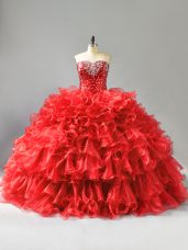 Floor Length Ball Gowns Sleeveless Red Quinceanera Dresses Lace Up