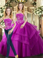 Fine Fuchsia Sleeveless Floor Length Beading and Ruffles Lace Up Quinceanera Dress