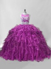 Low Price Scoop Sleeveless Quinceanera Gowns Brush Train Beading and Ruffles Fuchsia Organza