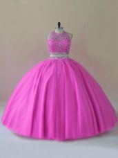 Popular Lilac Backless Halter Top Beading Ball Gown Prom Dress Tulle Sleeveless