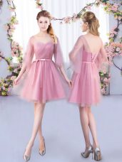 Designer Pink V-neck Neckline Appliques and Belt Dama Dress for Quinceanera Half Sleeves Lace Up