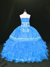 Simple Floor Length Blue 15th Birthday Dress Organza Sleeveless Embroidery and Ruffles