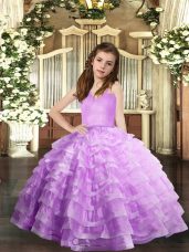 Lavender Lace Up Pageant Dresses Ruffled Layers Sleeveless Floor Length