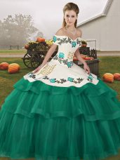 Embroidery and Ruffled Layers Quince Ball Gowns Turquoise Lace Up Sleeveless Brush Train