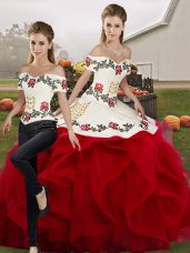 Off The Shoulder Sleeveless Tulle Quinceanera Gown Embroidery and Ruffles Lace Up