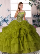 Beading and Pick Ups Ball Gown Prom Dress Olive Green Zipper Sleeveless Brush Train