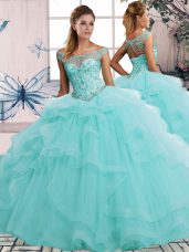 Suitable Aqua Blue Ball Gowns Off The Shoulder Sleeveless Tulle Floor Length Lace Up Beading and Ruffles Sweet 16 Dresses