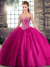 Fuchsia Sleeveless Beading Lace Up Vestidos de Quinceanera