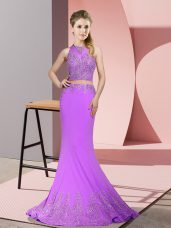 Lavender Womens Party Dresses Satin Sweep Train Sleeveless Beading and Appliques
