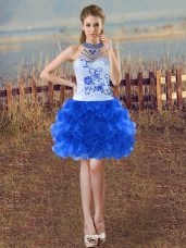 Blue And White Halter Top Lace Up Beading and Embroidery and Ruffles Evening Dress Sleeveless