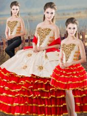 Delicate Floor Length Lace Up Quinceanera Dresses White And Red for Sweet 16 and Quinceanera with Beading and Ruffled Layers