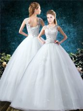 White Sleeveless Floor Length Lace and Hand Made Flower Lace Up Bridal Gown