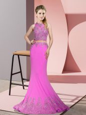Designer Lilac Satin Zipper High-neck Sleeveless Dress for Prom Sweep Train Beading and Appliques