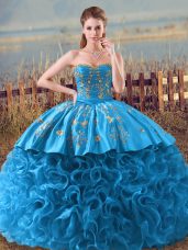 Excellent Baby Blue Lace Up Sweet 16 Quinceanera Dress Embroidery and Ruffles Sleeveless Floor Length Brush Train