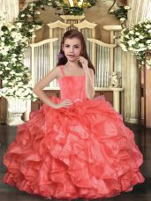 Ruffles Kids Formal Wear Coral Red Lace Up Sleeveless Floor Length