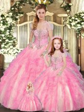 Sexy Baby Pink Ball Gown Prom Dress Sweet 16 and Quinceanera with Beading and Ruffles Strapless Sleeveless Lace Up