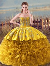 Sweetheart Sleeveless Sweet 16 Dress Floor Length Embroidery and Ruffles Gold Fabric With Rolling Flowers