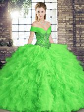 Custom Designed Tulle Lace Up Off The Shoulder Sleeveless Floor Length Quinceanera Dress Beading and Ruffles