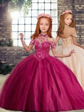Fuchsia Sleeveless Tulle Lace Up Little Girl Pageant Gowns for Party and Wedding Party