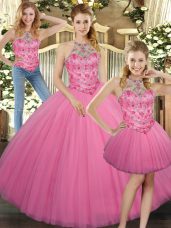 Gorgeous Floor Length Three Pieces Sleeveless Rose Pink Quinceanera Gown Lace Up