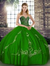 Sleeveless Floor Length Beading and Embroidery Lace Up Quince Ball Gowns with Green