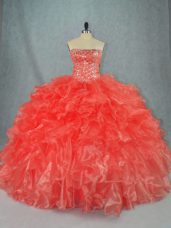Floor Length Lace Up Ball Gown Prom Dress Red for Sweet 16 and Quinceanera with Beading and Ruffles