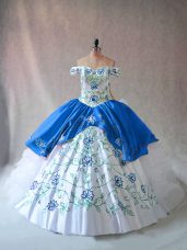 Sexy Blue And White Off The Shoulder Lace Up Embroidery and Ruffles Sweet 16 Quinceanera Dress Sleeveless