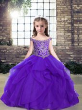 Floor Length Lace Up Little Girl Pageant Dress Purple for Party and Wedding Party with Beading