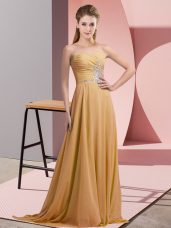 Sleeveless Chiffon Floor Length Lace Up in Gold with Beading