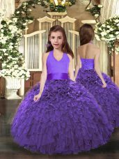 High End Purple Lace Up Little Girls Pageant Dress Wholesale Ruffles Sleeveless Floor Length