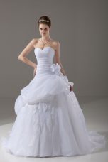 Popular White Sweetheart Lace Up Appliques and Hand Made Flower Wedding Gowns Brush Train Sleeveless