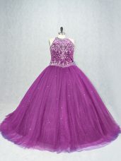 Hot Sale Purple Tulle Lace Up Quinceanera Dress Sleeveless Beading