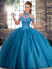 Dramatic Sleeveless Tulle Brush Train Lace Up Sweet 16 Dress in Blue with Beading