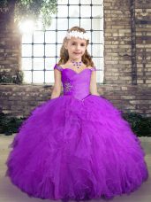 Straps Sleeveless Custom Made Pageant Dress Floor Length Beading and Ruffles Purple Tulle