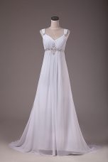 Chiffon Sleeveless Wedding Gowns Brush Train and Beading