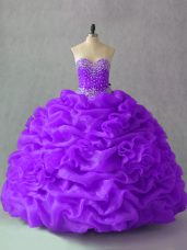 Wonderful Purple Ball Gowns Sweetheart Sleeveless Organza Floor Length Lace Up Beading and Pick Ups and Hand Made Flower Quinceanera Dresses