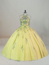 Yellow Sleeveless Appliques and Embroidery Lace Up Sweet 16 Dresses